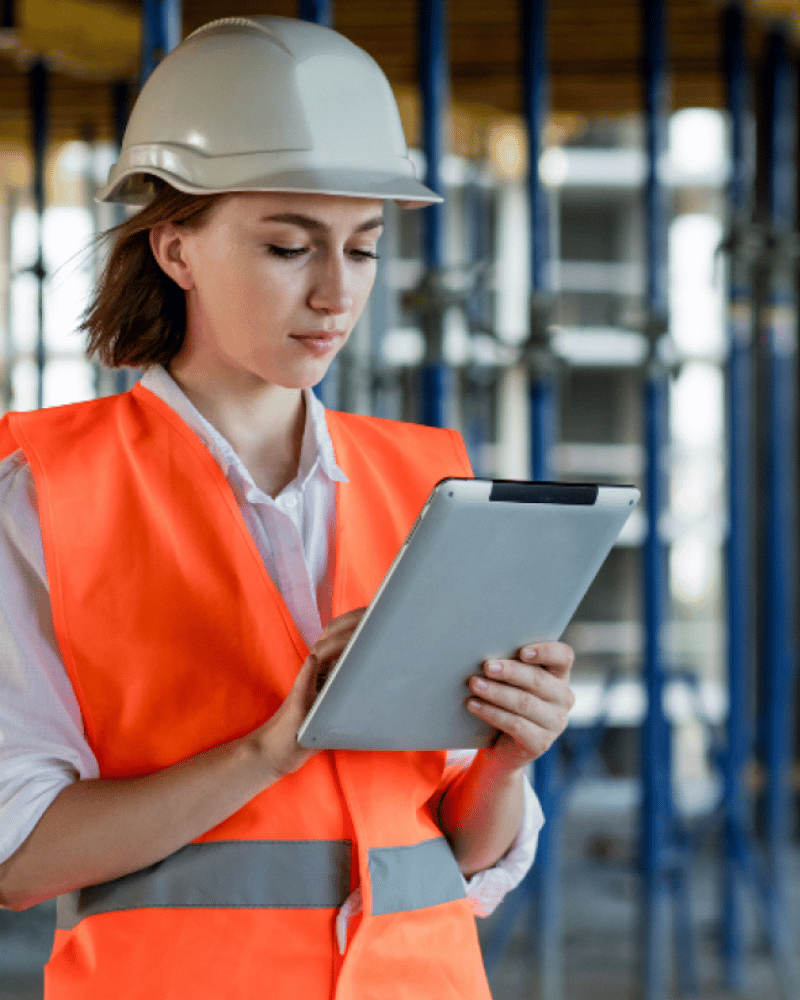 a worker looking at a tablet out at a project site
